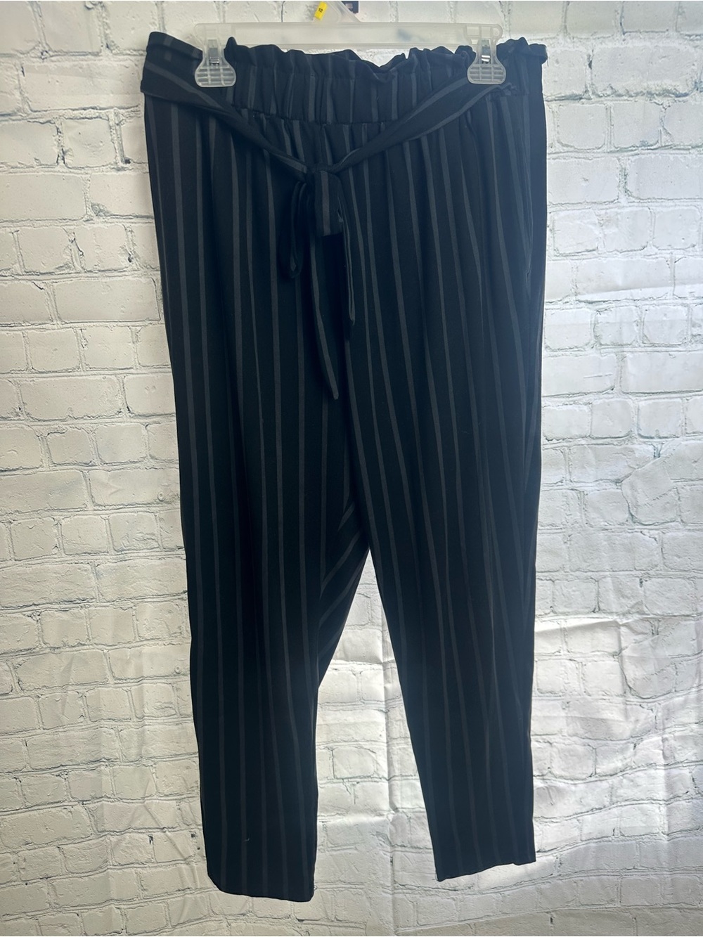 shosho Black Pinstripe Paperbag Waist Straight Leg Pants